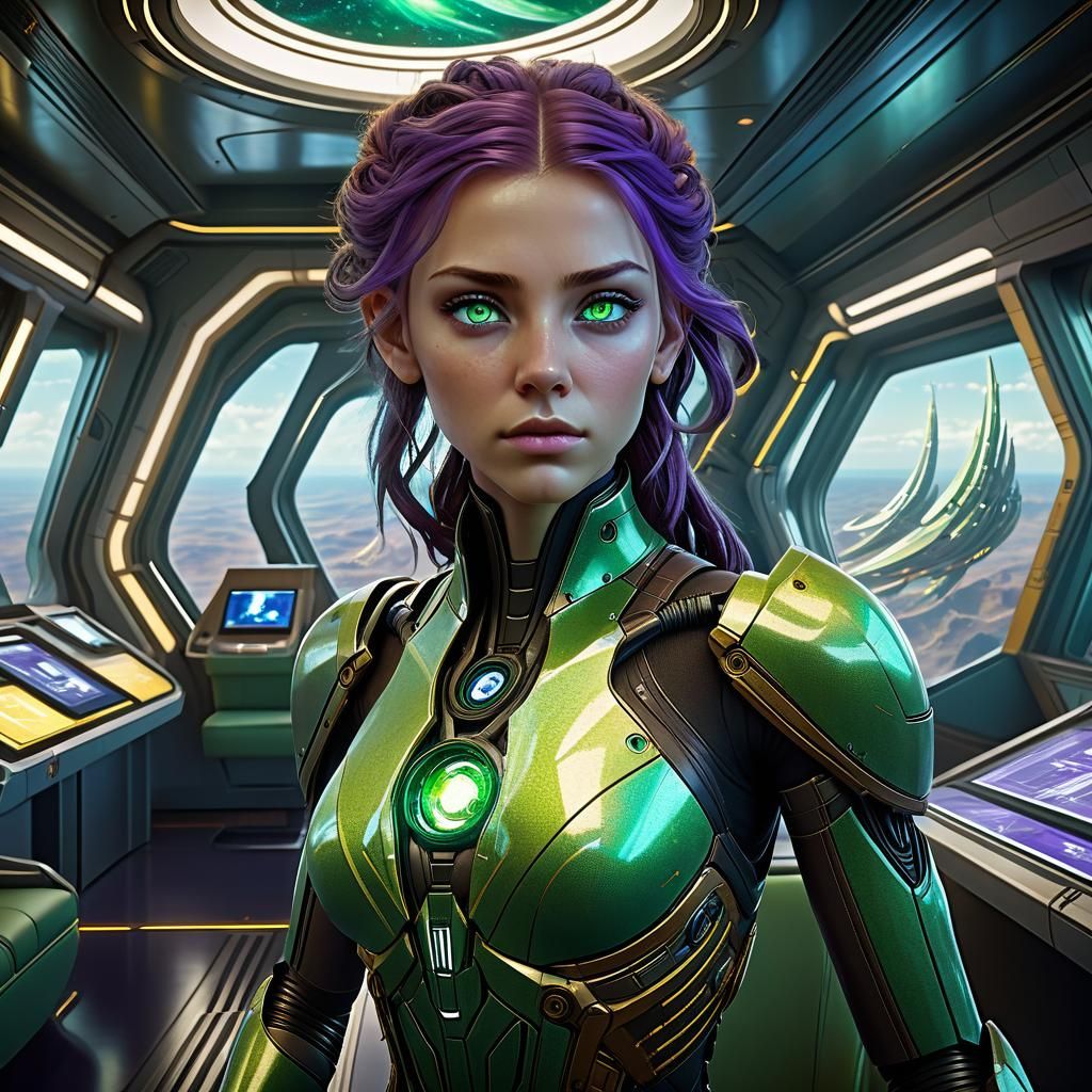A beautiful green-eyed teen morphs into human form on the observation lounge of a starship a masterpiece, 8k resolution,...