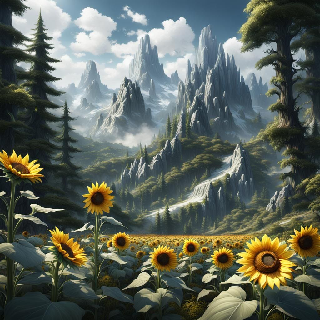 White Sunflower Mountain Forest in Detailed Matte Painting