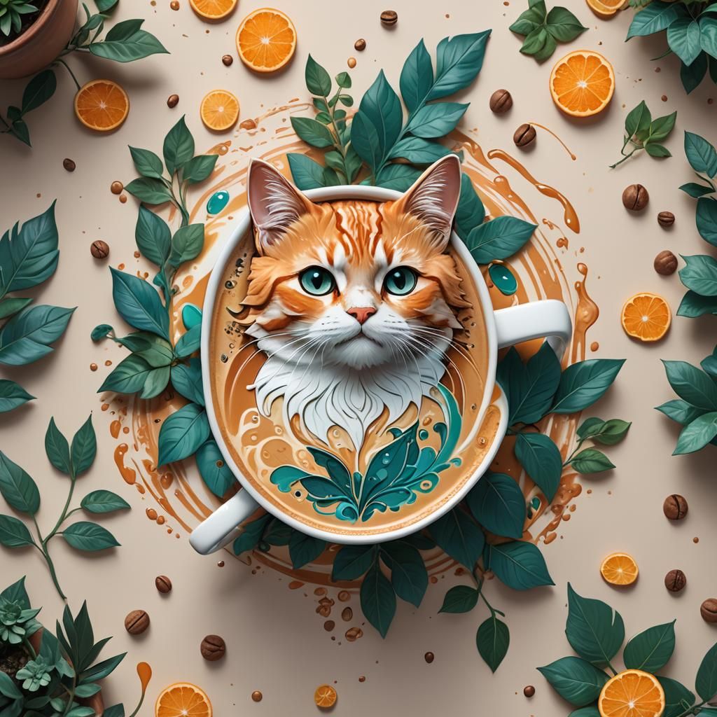 Cute Cat and Plant Latte Art in 8K