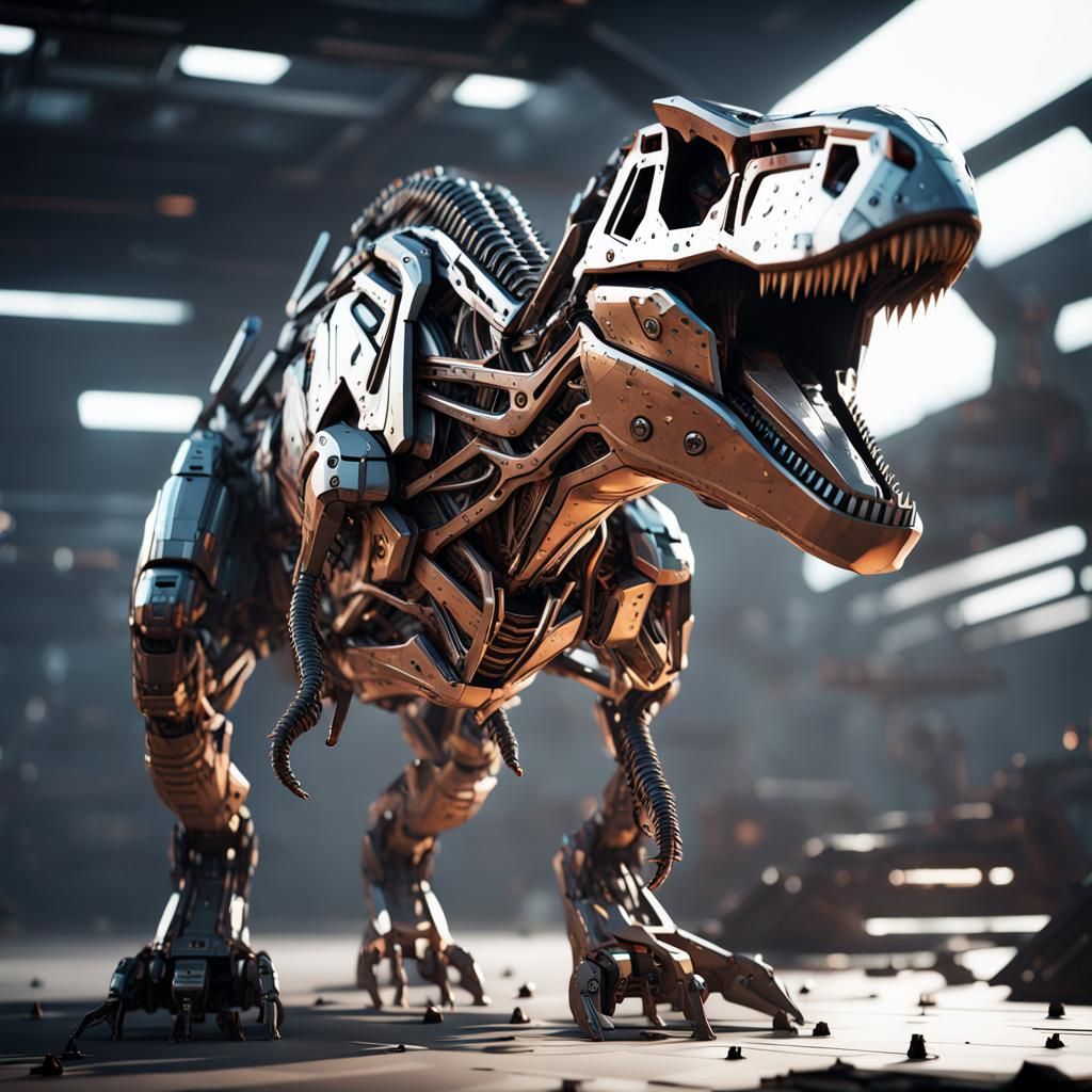 Mechanical T-Rex in Futuristic Sci-Fi Landscape