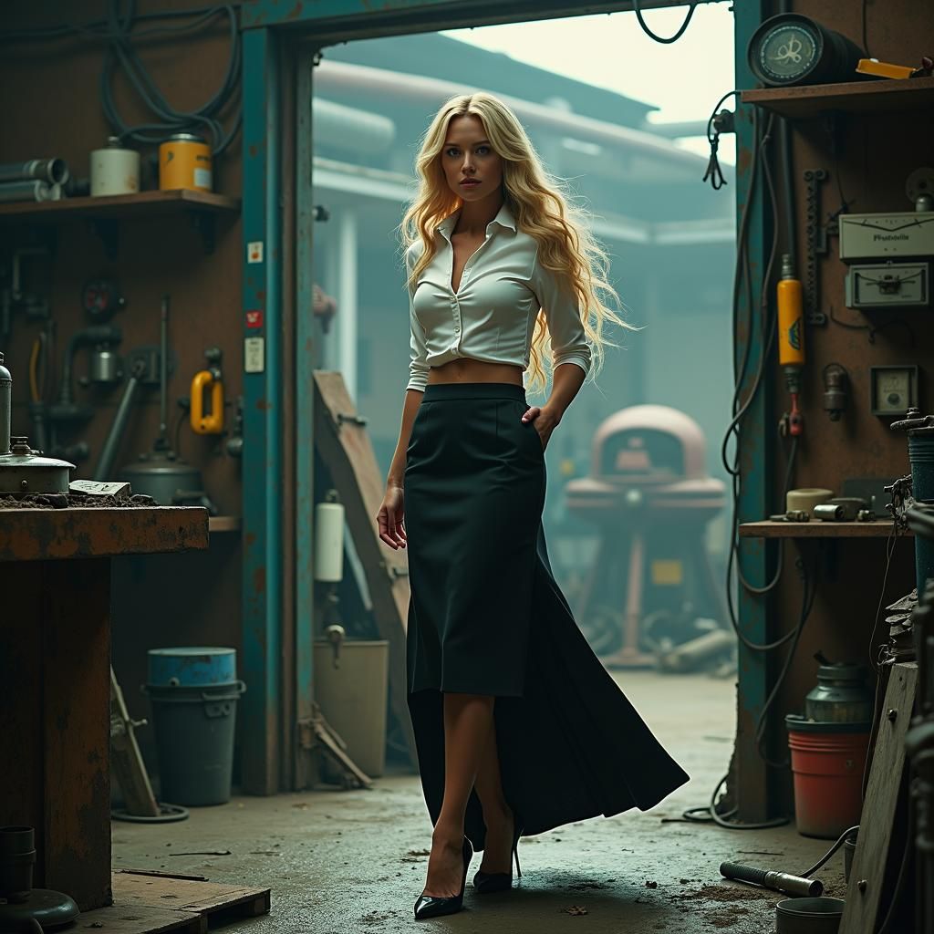 Blond Woman in Mechanic Shop, Futuristic Art