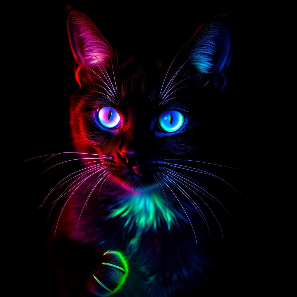 Glowing Black Cat in Neon Aura