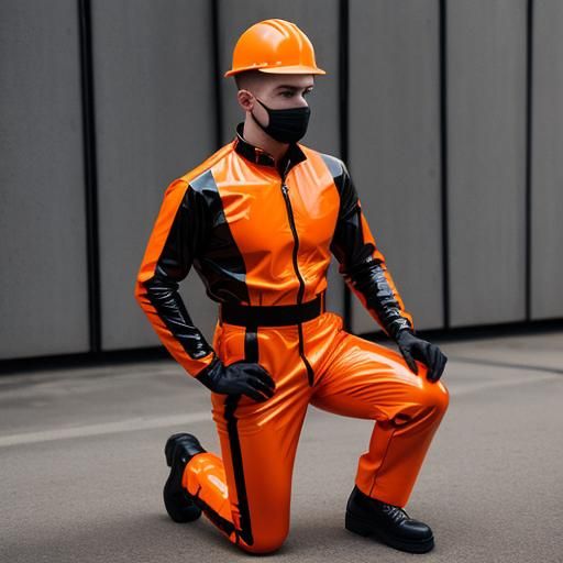 Worker in Orange Jumpsuit Kneeling, Handcuffed