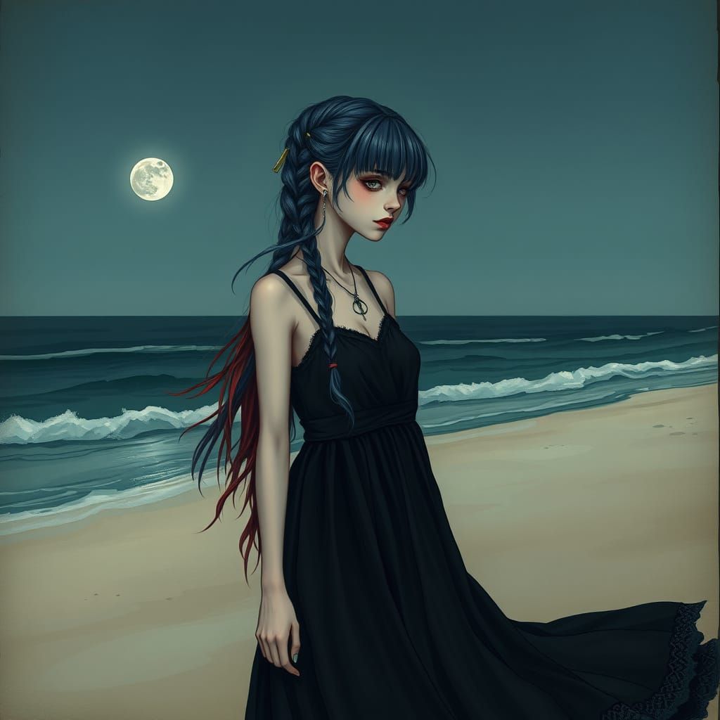 Gothic girl with ear piercings and blue and red hair, on the...