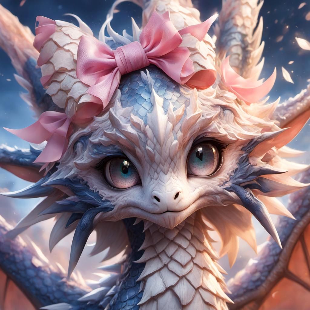 Adorable Dragon Portrait with Pink Bow, Anime Style