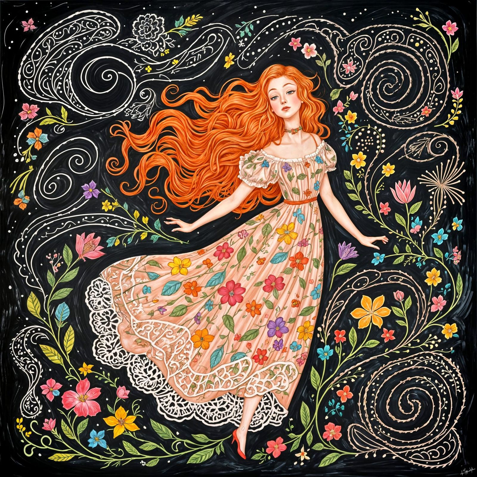 Vibrant Chalkboard Illustration of Ginger Woman