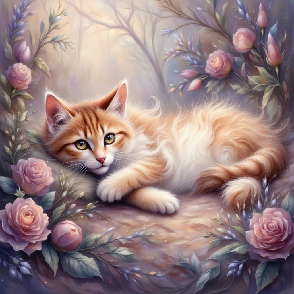 Dreaming Cat with Fairies in Anime Style