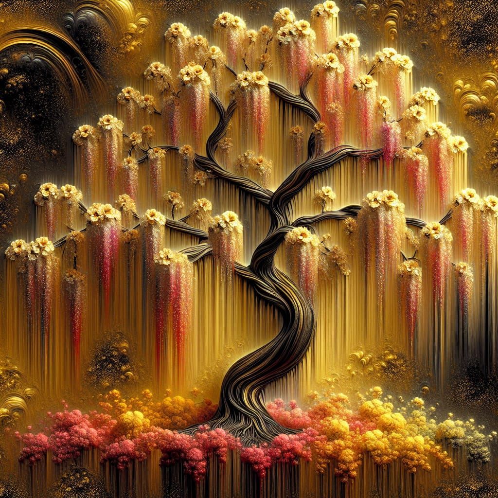 Whimsical Gold Heart Willow Tree in Ethereal Landscape