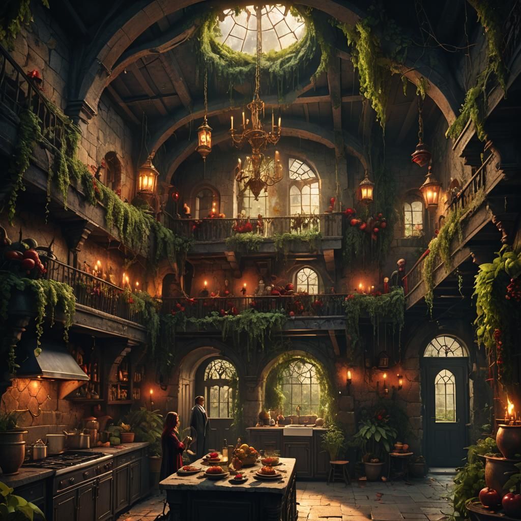 Vampires and Imps Gather in Overgrown Loft Kitchen