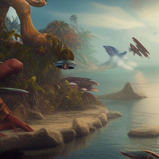 Amelia Earhart Feeds Crabs: Fantasy Concept Art