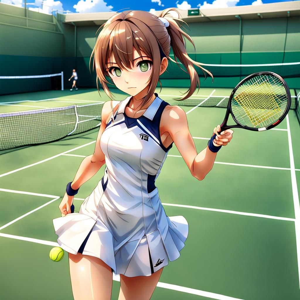 Anime Girl in Tennis Dress, Photorealistic Style