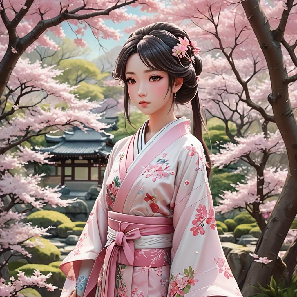 Anime Princess in Japanese Garden, 3D Art