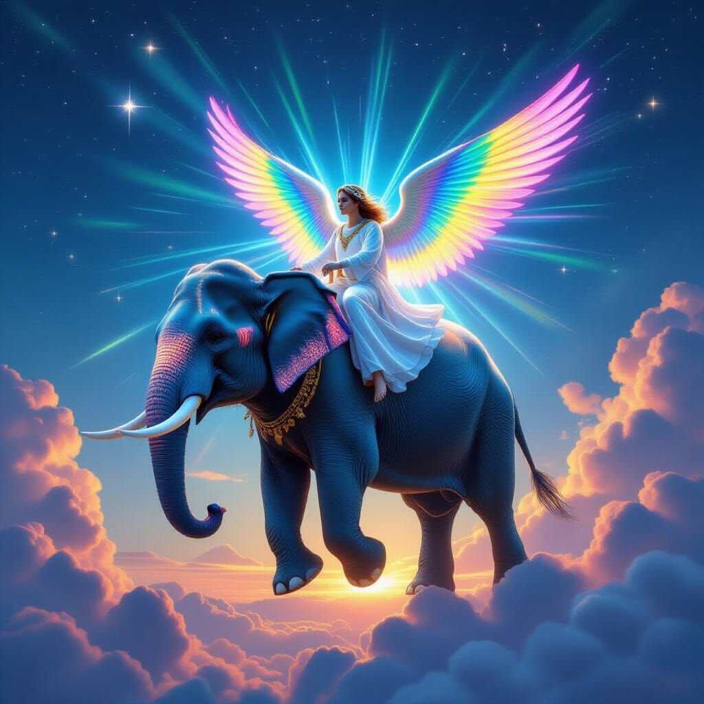 Celestial Elephant Ascends to Heaven with Angelic Rider