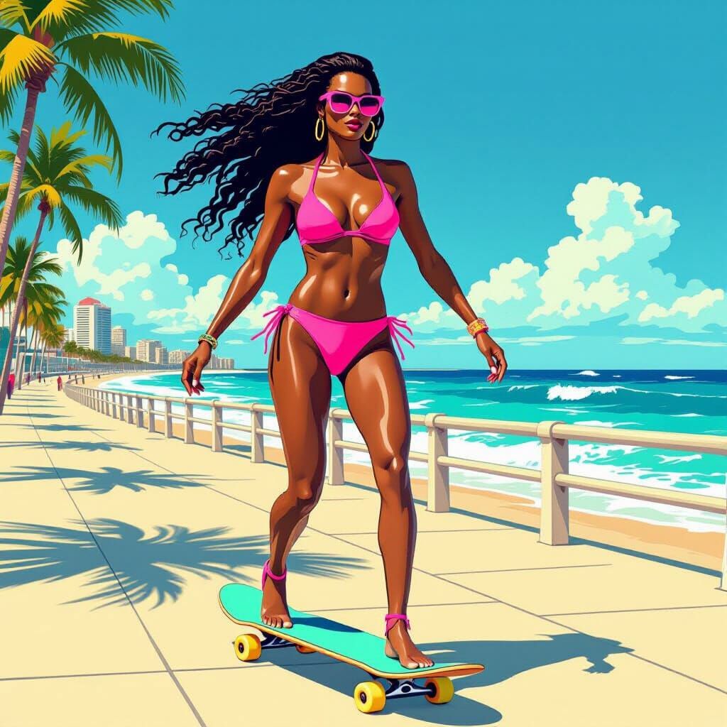 Grace Jones Rides Skateboard: Nagel-Style Illustration