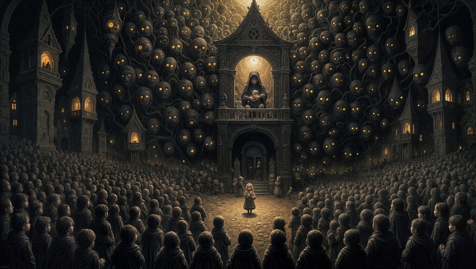 Ethereal Dark Painting of a Child with Glowing Eyes