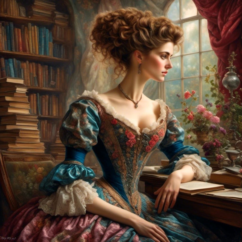 Victorian Beauty in Library Oil Painting