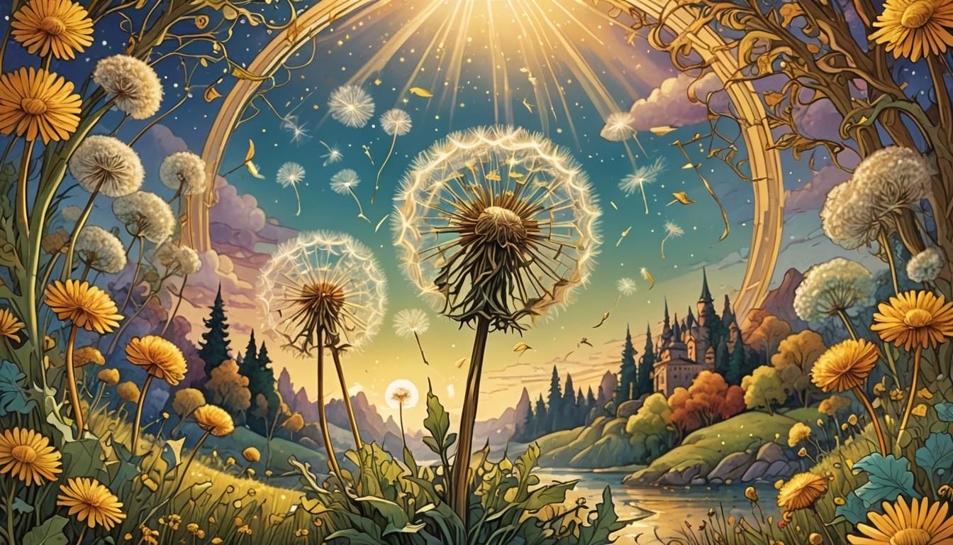 Dandelion Seed Head in a Whimsical Fairytale Landscape