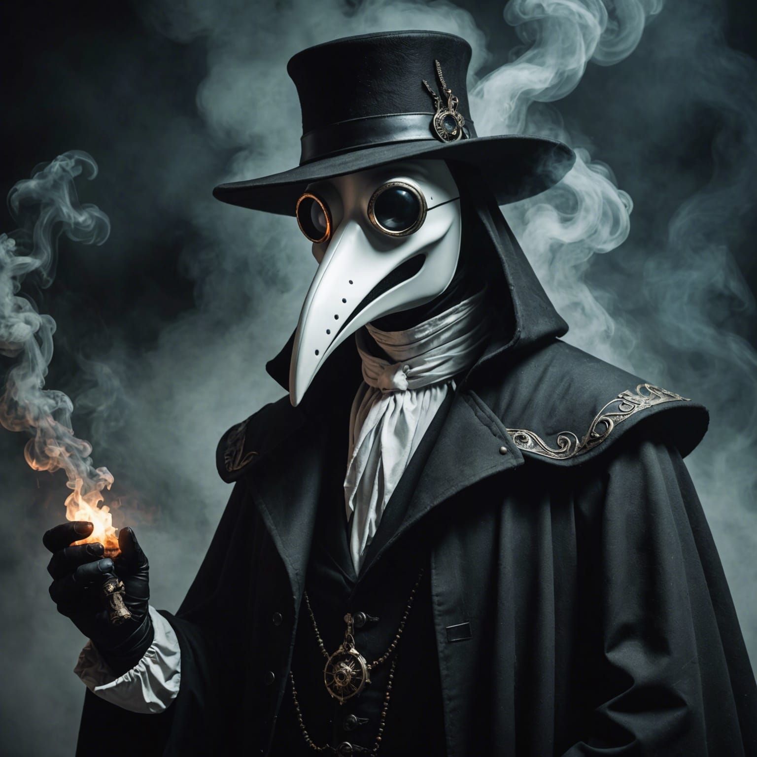 White Plague Doctor in Smoke with Glowing Eyes