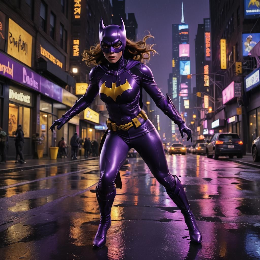 Batgirl Chases Leopard in Neon Cityscape