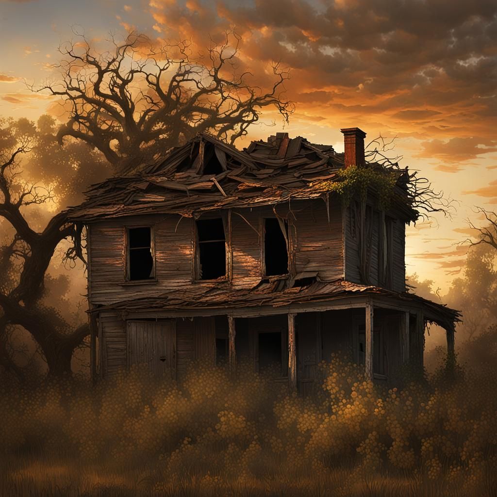 Dilapidated Farmhouse at Sunset: Detailed Matte Painting