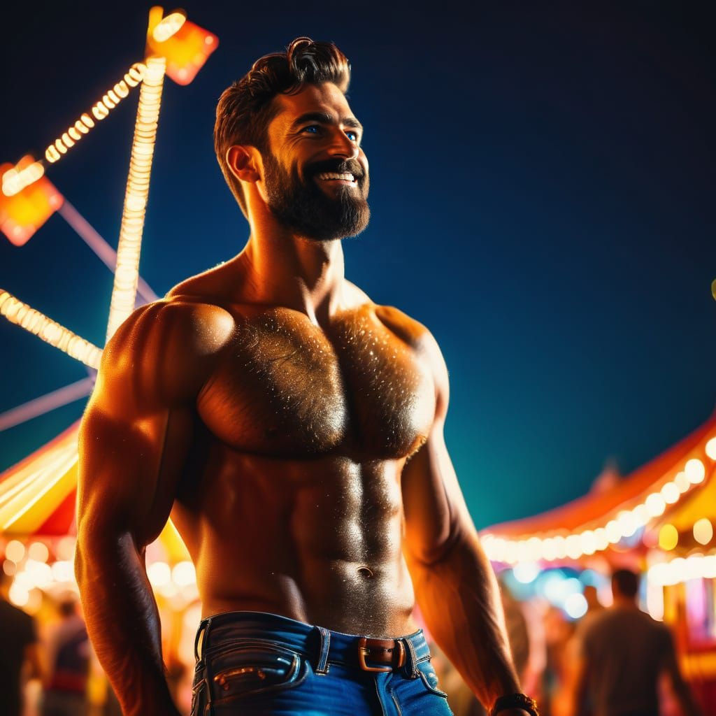 Handsome Hairy Man in a Colorful Carnival Scene