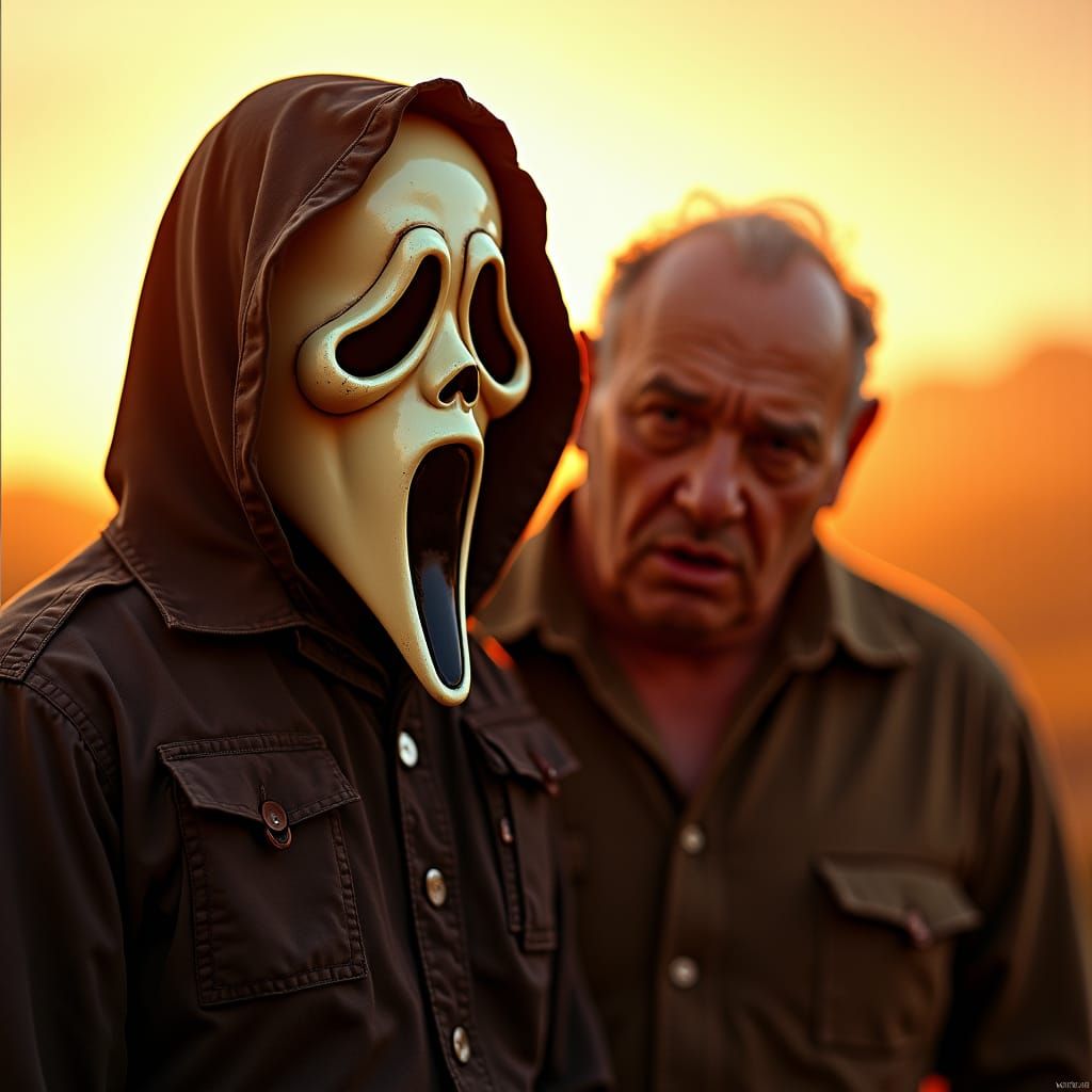 Dramatic Scream Mask Figure with Companion in Golden Light