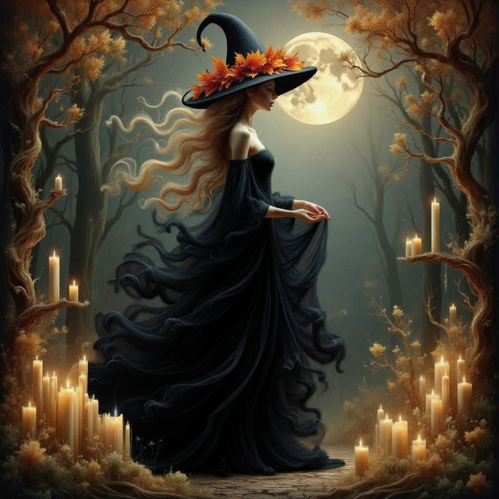 Solitary Witch in Autumnal Woodland Clearing