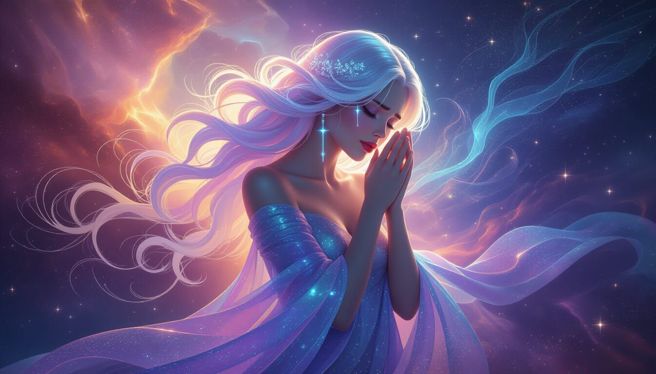 Celestial Goddess Weeping Light in Swirling Nebula