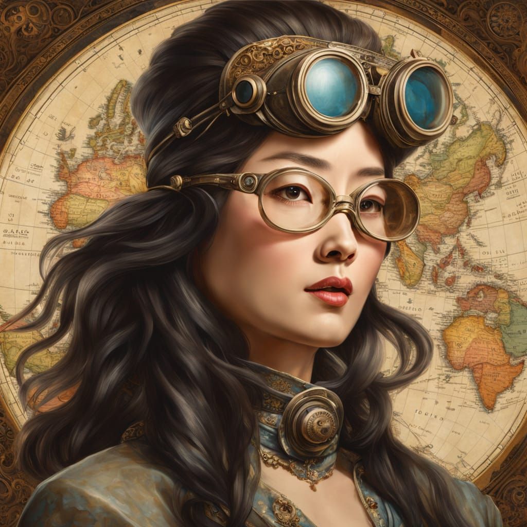 Steampunk Han Woman with Goggles, Antique Oil Painting