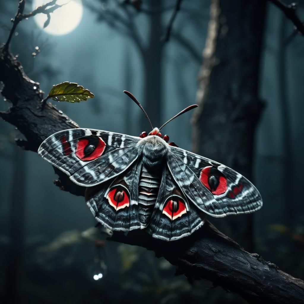 Glowing-Eyed Moth in Misty Moonlight: Hyperrealistic Photogr...