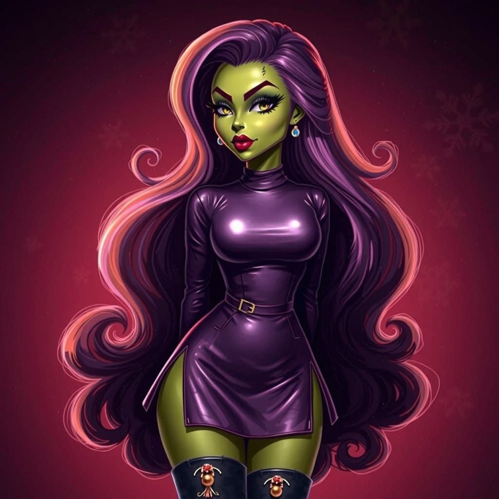 Sultry Grinch Pin-Up Girl in Vibrant Purple Attire