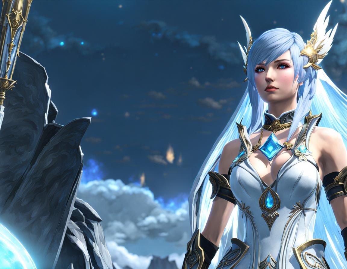 hydaelyn from ffxiv, hydaelyn's call extreme trial, angel god woman floating in distance front visable , white or light ...