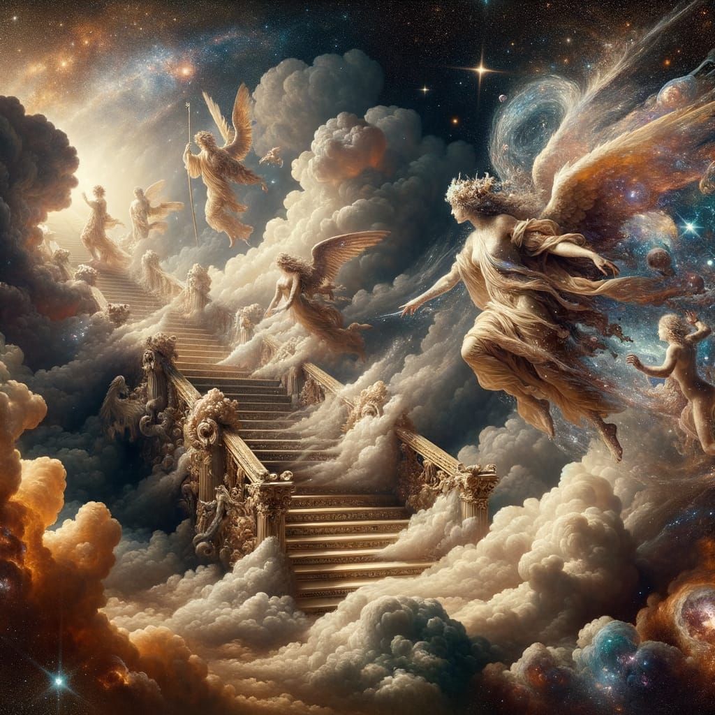 Celestial Being Descends Stardust Staircase onto Cloudy Runw...