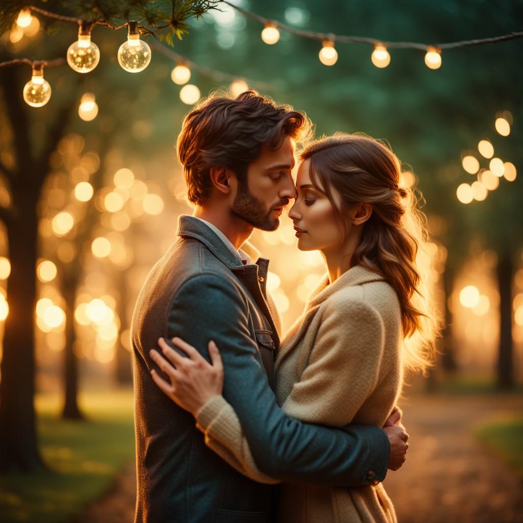 Romantic Couple Embrace in Park at Night