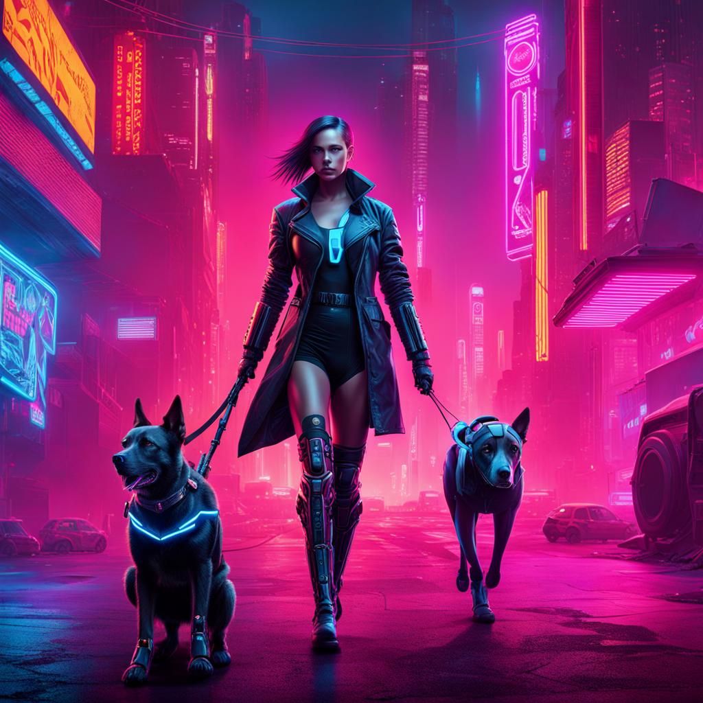 Cyborg Woman Walking Her Cyber-Dogs