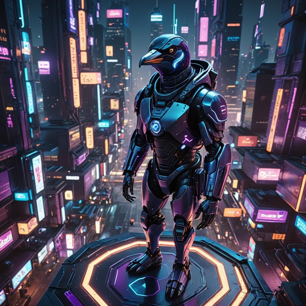 Cyberpunk Penguin Mech in Futuristic Cityscape