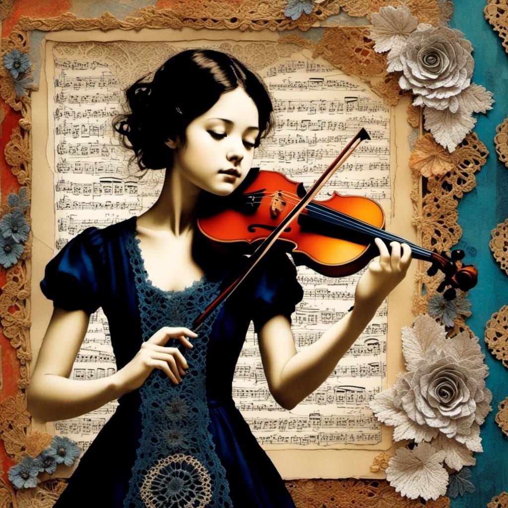 Violinist in Mixed Media Paper Collage Painting