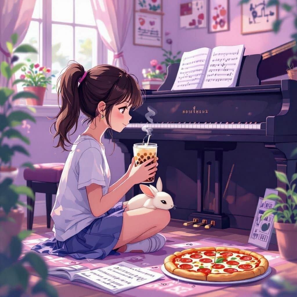 Girl with Boba Tea and Piano, Reading Music