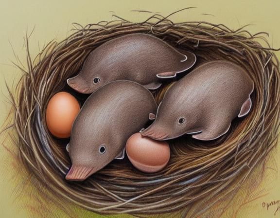 Baby Platypuses Hatching, Colored Pencil Illustration