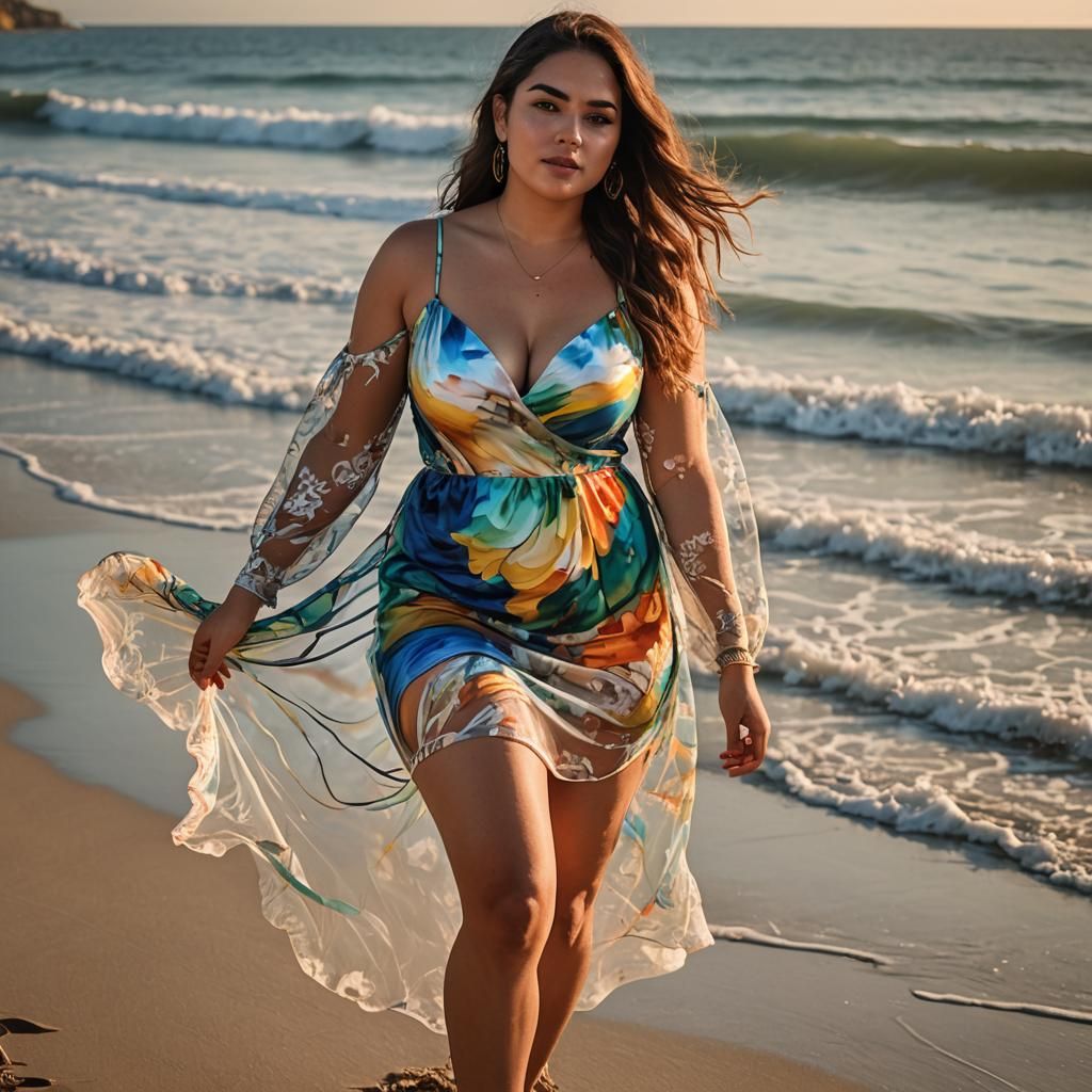 Woman in Painted Dress on Beach at Sunset