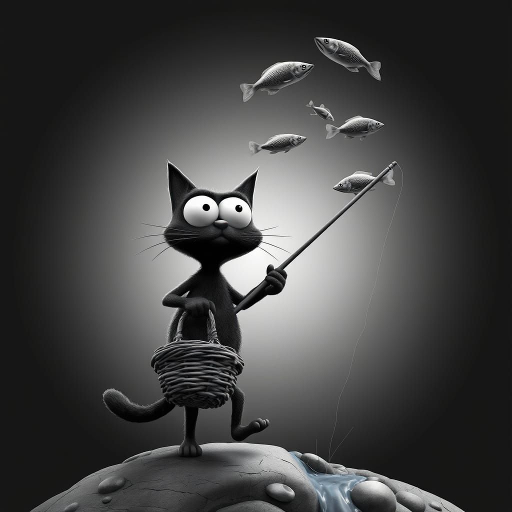 B&W cartoon style. Fritz the Cat, big eyes, black body, carries a fishing pole and a basket to a flowing stream in the s...