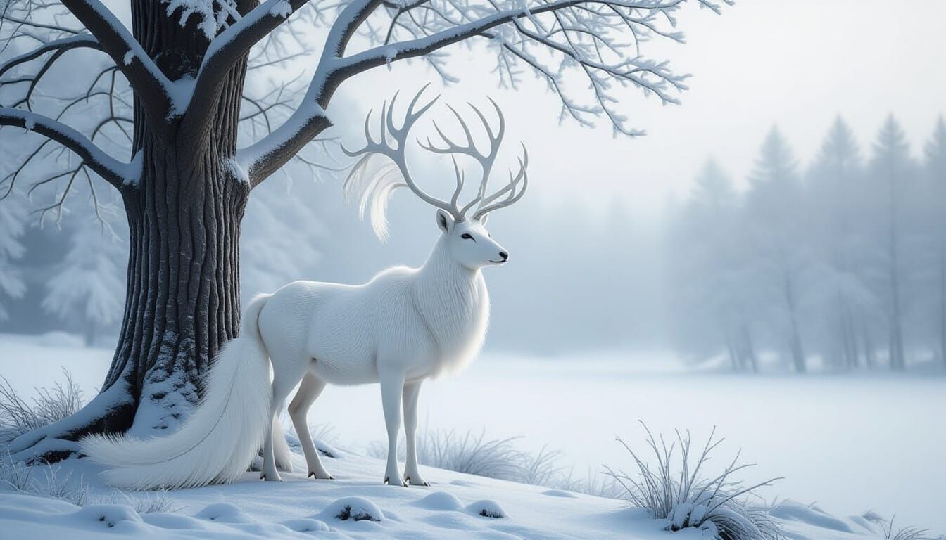 Elegant White Reindeer in Misty Landscape