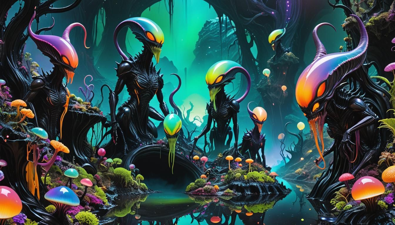 Alien Jabberwocks in Giger Landscape: Close-Up Portrait