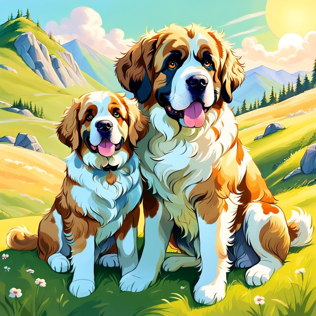 Saint Bernard and Golden Doodle on Grassy Hill