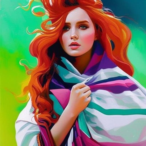 Irish Girl with Red Hair: Gouache-Style Portrait