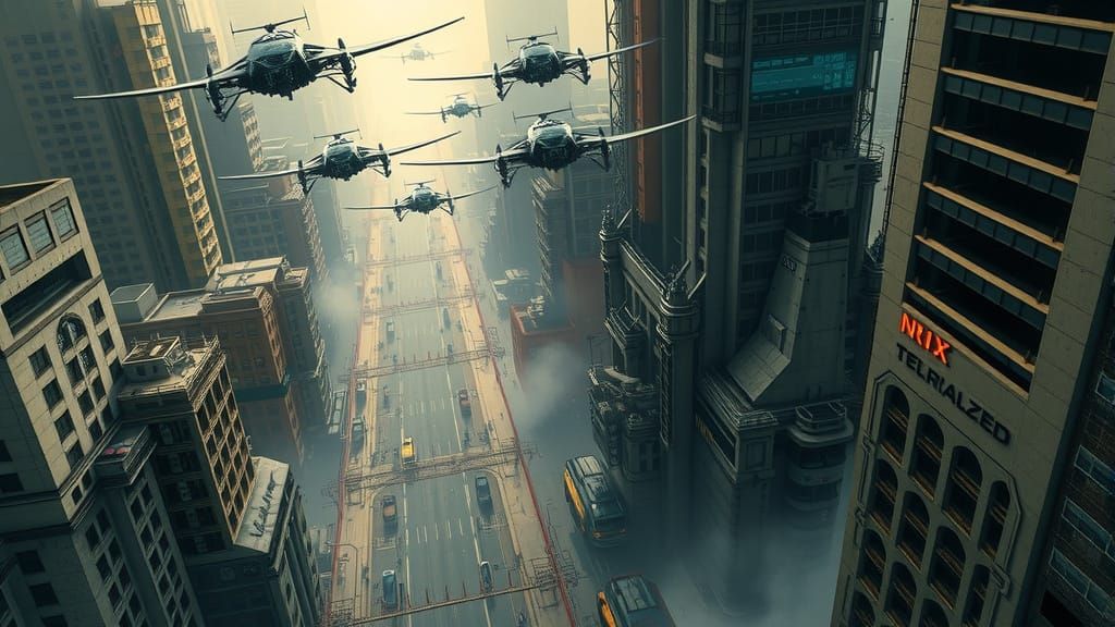 Sci-Fi Metropolis: Deserted City with Flying Cars