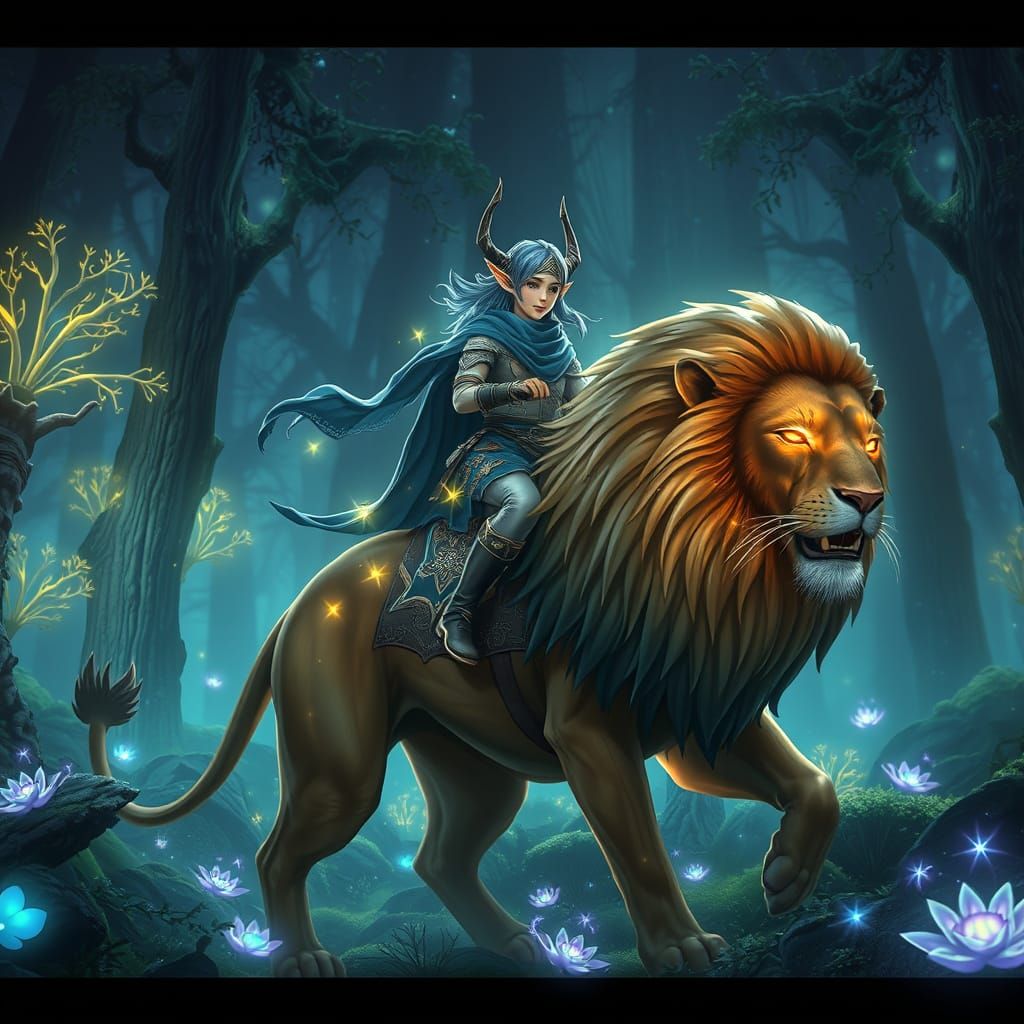 Elf Warrior on Lion in Bioluminescent Anime Forest
