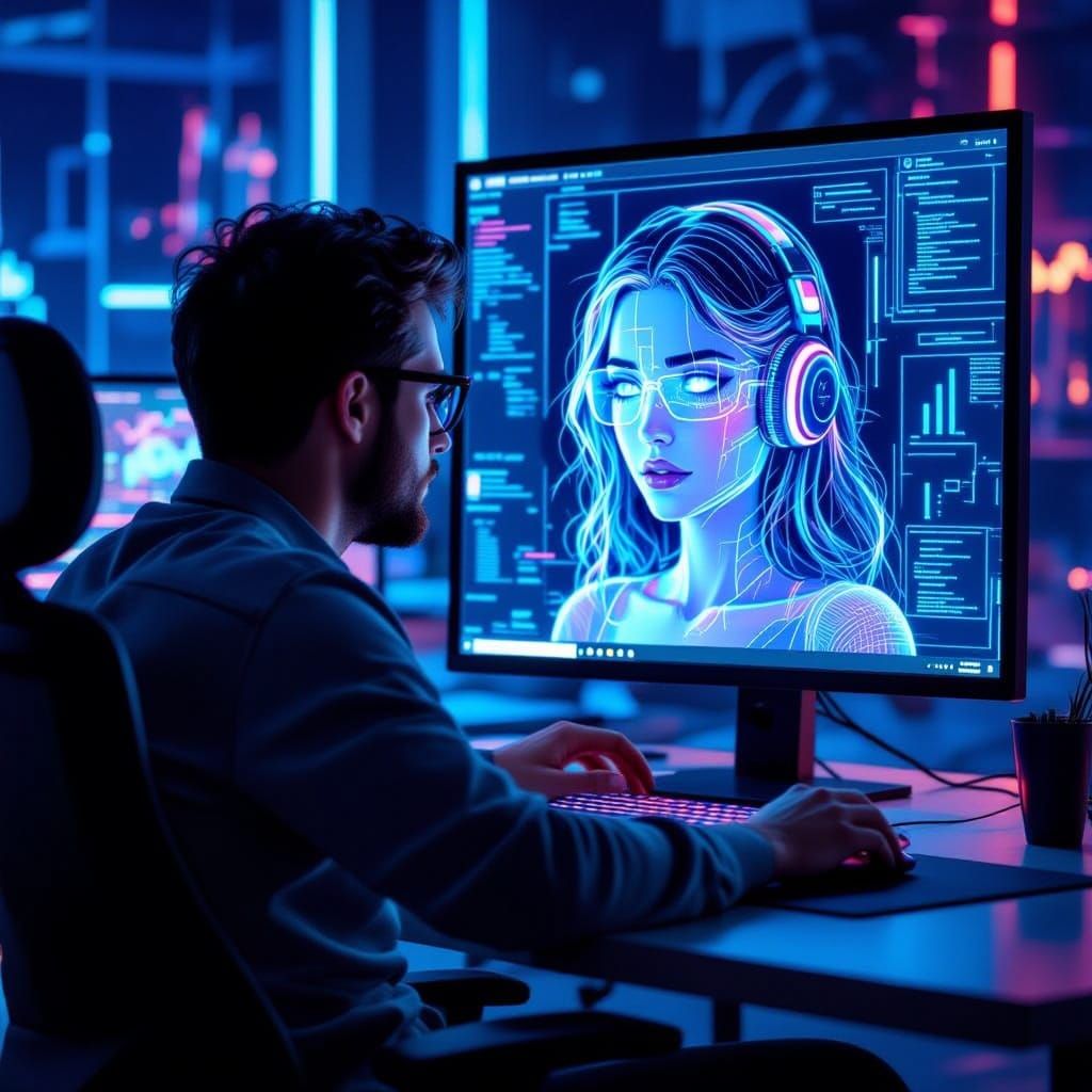 Man Obsessed with Holographic Girlfriend in Futuristic Cyber...