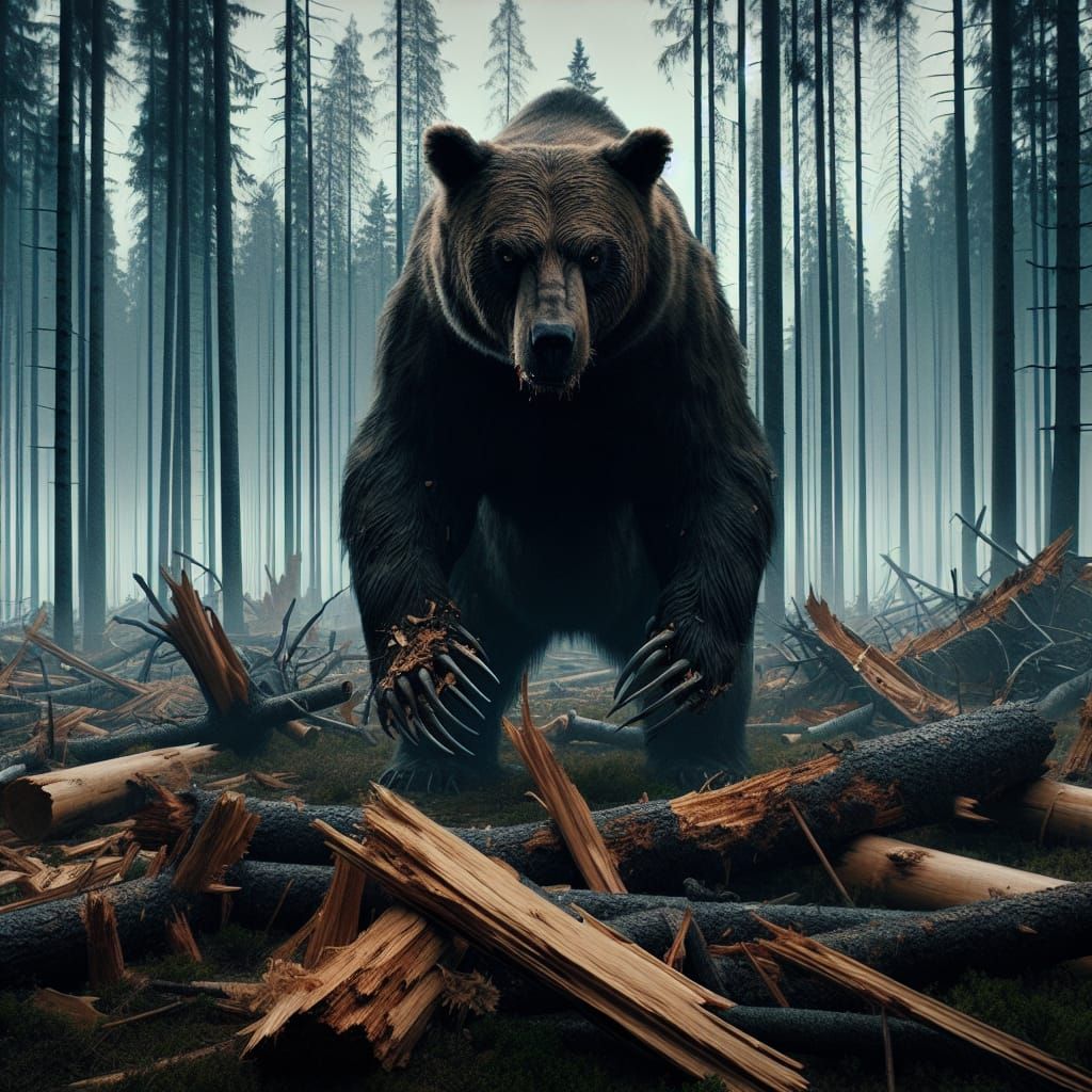 Fearsome Bear Amidst Forest Destruction