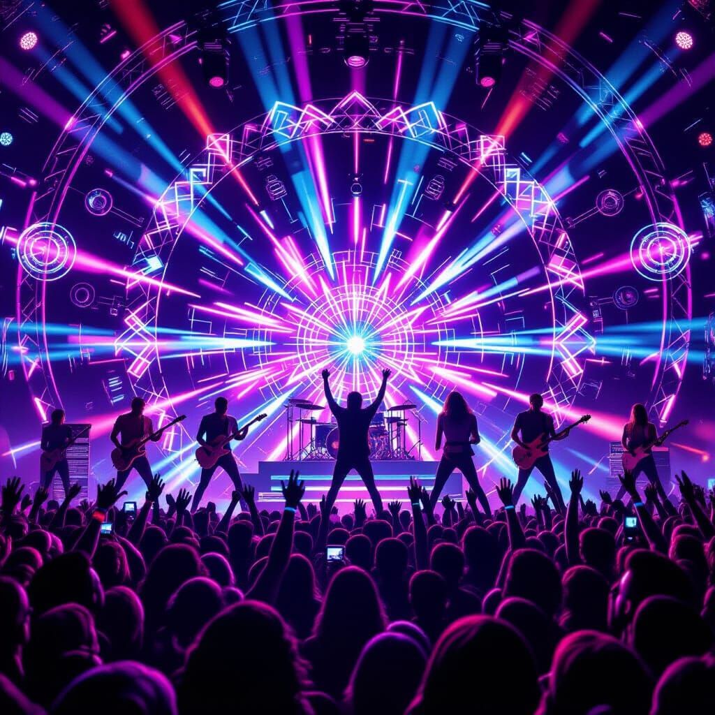 EDM Festival Crowd and Musicians in Psychedelic Trance Style